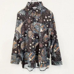 古着 used　CHASE　長袖柄シャツ　総柄　胸ポケット付き　襟付き　茶色　ブラウン　レトロデザイン　個性的　サブカル　Lサイズ