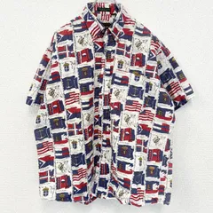 古着 used　半袖プリント総柄シャツ　レトロデザイン　胸ポケット　国旗柄　派手　カラフル　白　ホワイト　Lサイズ