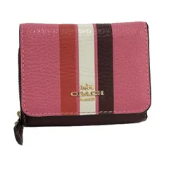 COACH 三つ折り財布 ラウンドファスナー ストライプ レザー ピンク ボルドー C4525