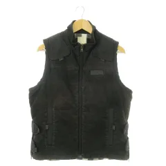 ディーゼル DIESEL 中綿ベスト ジップアップ コーデュロイ 切替 ロゴ ポケット 裏チェック柄 茶 ブラウン /AO10 ■GY18