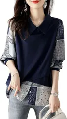 J-Scott 長袖レイヤード風ブラウス 襟付シフォンシャツxベスト 異素材ドッキング オフィスカジュアル ミセス セミフォーマル スーツ インナー クルーネック JS33 (ネイビー,  4XL)