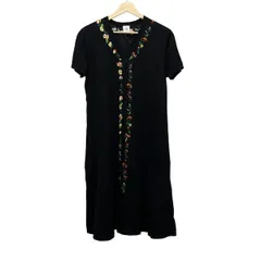 ポールスミス ワンピース サイズM レディース美品  - 黒×マルチ Vネック/半袖/ひざ丈/ニット/シルク・カシミヤ混/刺繍/フラワー(花)