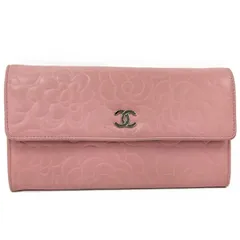 CHANEL 二つ折り 長財布 カメリア レザー ピンク