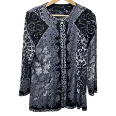 伊太利屋/GKITALIYA(イタリヤ) カーディガン サイズ13 L レディース - グレー×黒×白 長袖/豹柄/ラインストーン/ジップアップ