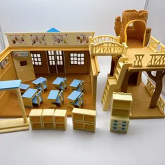 シルバニアファミリー 森の学校 青い屋根 校舎セット 机 椅子 付属品あり 廃盤 初期 学校シリーズ ドールハウス エポック社
