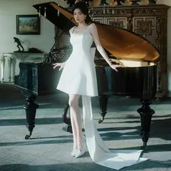 2026年冬新作フレンチウェディングドレス、セクシーなオフショルダートレーンが特徴のブライダルドレス