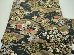 アンティーク名古屋帯 花模様 菖蒲 刺繍 黒地 全通柄 正絹 N66-26