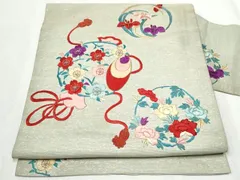 平和屋着物●アンティーク　大正ロマン　九寸名古屋帯　総刺繍　駒刺繍　鏡裏花文　銀糸　正絹　逸品　CABC5249hy