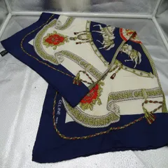 CELINE セリーヌ 大判スカーフ ネイビー系 馬柄 シルクスカーフ アイボリー系