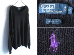 希少 90sビンテージ Polo by Ralph Lauren ラルフローレン ロゴ刺繍 コットンニット セーター 2X XL 黒 ブラック 大きいサイズ USA企画