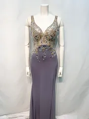 2124 JEAN MACLEAN ジャンマクレーン キャバクラ ロングドレス スリット ビジュー ストーン スパンコール タイト レースアップ イベント バースデー キャバドレス M