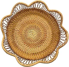 Mitoland ラタン カゴ 波型 透かし編み ブレッドバスケット パン フルーツ お菓子 籐のかご 丁寧な暮らし 職人 ハンドメイド (23x5cm)