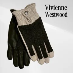 【タグ付き・未使用品】 ヴィヴィアン ウエストウッド メンズ コンビ 手袋 グローブ レザー ニット ケーブル編み シャーリング オーブ ボタン ゴム入り スマホ タッチパネル 対応 24cm チャコール グレー × オフホワイト