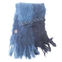 ロエベ LOEWE 美品 モヘア混 マフラー アナグラム シャギー グラデーションカラー 青 ブルー ■GY14