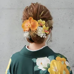 金箔入りオレンジ×イエロー胡蝶蘭髪飾り　和装　成人式　卒業式