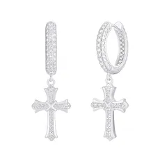 KRKC&CO クロス ピアス 十字架 フープピアス ジルコニア メンズ シルバー925 両耳 15mm直径 14K金メッキ 20G 金属アレルギー対応 レディース 揺れる ドロップピアス CZダイヤ キラキラ (CHクロス-CZ銀色)