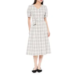 [レッセパッセ] カジュアルドレス ﾌﾛﾝﾄﾎﾞﾀﾝﾁｪｯｸﾜﾝﾋﾟｰｽ レディース ﾌﾞﾗｯｸ柄