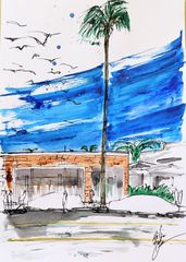 原画#271 黒猫 ロサンゼルス 水彩画 ドローイングインテリア アート