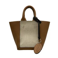 トッズ トートバッグ美品  ダブルアップ レザー&キャンバス ショッピング ショルダーバッグ ミニ アイボリー×ブラウン リネン、レザー