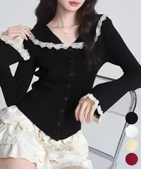 レーストリム Vネックリブニットトップス