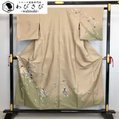 訪問着 紬 友禅 童子に枝花模様 暈し 亜麻色 K-3349