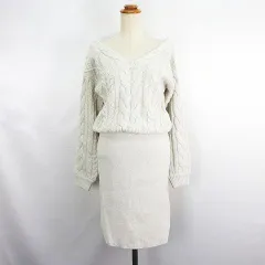 ロイヤルパーティー ROYAL PARTY ニット ワンピース チュニック 長袖 Vネック ミモレ丈 ケーブル編み ウエストマーク F アイボリー ※EKM