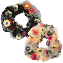 特価商品　2201hr10 ピンク ボリューム 可愛い 花 フラワー 花柄 刺繍 シースルー ベージュ/髪飾り 黒 白 セット 2種 シュシュ レディース ヘアアクセサリー ヘアゴム moin moin