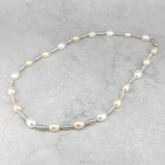 淡水 パール マルチ カラー デザイン ネックレス ライス 真珠 7.5mm-8.0mm 銀色 マグネット プリンセスサイズ