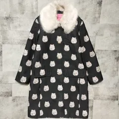 【美品】kate spade NEW YORK　ファー付き キャットドット ジャガード ロングコート　サイズ0 S〜Мサイズ相当　ブラック 黒色　アニマル柄 総柄　裏地総柄 スペード柄　パールボダン