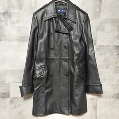 【美品】RALPH LAUREN　ダブルブレスト レザーコート　9号　ブラック 黒色　羊革　ロングコート　エポレット　インパクト21　ラルフローレン