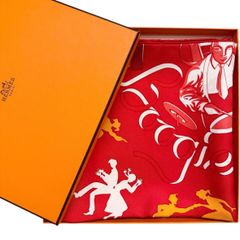 美品 鮮やか エルメス シルクスカーフ カレ90 3枚の葉 紅葉 もみじ 
