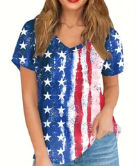 【新品】レディース フラッグプリントカジュアルVネックTシャツ