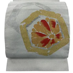 名古屋帯 優品 八寸名古屋帯 松葉仕立て 亀甲文 花 金銀糸 綴れ 灰白 正絹 【中古】