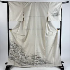 付下げ 身丈167.5cm 裄丈66cm M 袷 紬地 風景 樹木 ベージュ 正絹 優品 【中古】