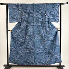 小紋 身丈156cm 裄丈64.5cm M 袷 紬地 器物 花唐草 藍色 正絹 優品 【中古】
