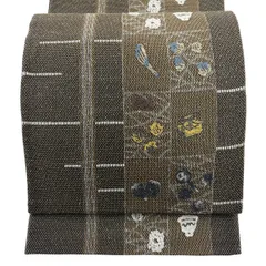 【美品】 袋帯 秀品 草花 縞 刺繍 焦茶色 六通 正絹 【中古】