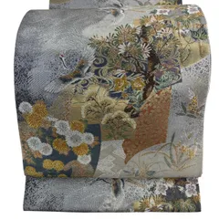 【美品】 袋帯 秀品 扇面 鶴 金銀糸 箔 銀色 六通 正絹 【中古】