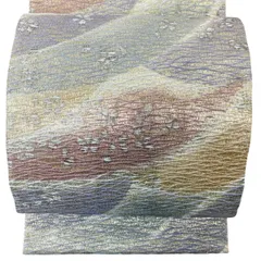 【美品】 袋帯 秀品 花柄 幾何学 金糸 箔 灰緑 全通 正絹 【中古】