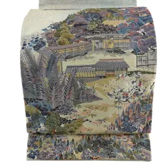 【美品】 袋帯 秀品 関西仕立て 建物 樹木 箔 金彩 ベージュ 六通 正絹 【中古】