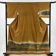 付下げ 身丈160cm 裄丈64cm M 袷 風景 樹木 刺繍 ぼかし 茶色 正絹 秀品 【中古】