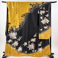 振袖 身丈167cm 裄丈70cm L 袷 枝花 蝶 銀通し 金銀彩 からし色 正絹 秀品 【中古】