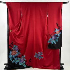 振袖 身丈170cm 裄丈69cm L 袷 牡丹 シルエット 金彩 染め分け 赤 正絹 秀品 【中古】