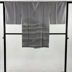 【美品】 道行 身丈95cm 裄丈66cm M 和装コート 角衿 文字文 霞 金糸 灰紫 正絹 秀品 【中古】