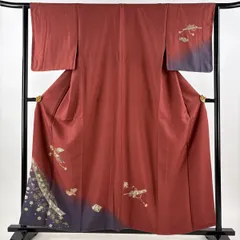 付下げ 身丈157cm 裄丈63cm S 袷 笛 冊子 金銀彩 ぼかし 赤茶 正絹 秀品 【中古】