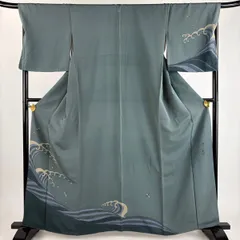 付下げ 身丈163cm 裄丈68cm L 袷 落款 波 鳥 青灰色 正絹 秀品 一つ紋 【中古】