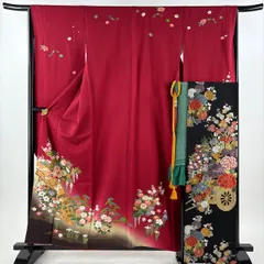 【美品】 振袖 身丈159cm 裄丈66cm M 袷 袋帯フルセット 菊 橋 金彩 染め分け 赤 正絹 秀品 【中古】