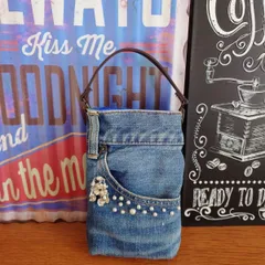 179★USEDダメージデニムリメイク★スマホケース★メガネケース★サングラスケース★マルチポーチ★パール飾り★