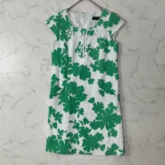 美品 JUSGLITTY ジャスグリッティー 切替 リーフ柄 裏地付き ビジュー ポケット ジップ コットン フレンチスリーブ ひざ丈 ワンピース ホワイト グリーン 2