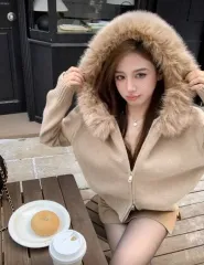 shein ファー フード ニット ジップアップ カーディガン ベージュ