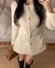 年末룩 ゴールド ボタン アンゴラ コート & ONE PIECE